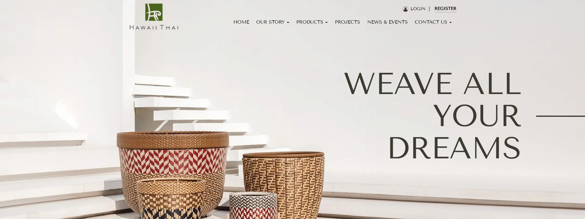 Hawaii Thai, a rattan and wicker furniture store in Bangkok, showing its handwoven basketry collection